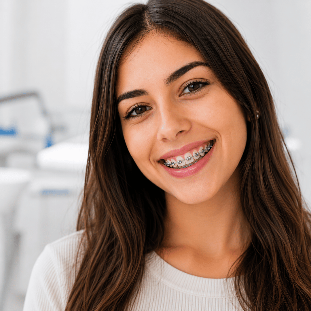 Paciente sonriendo con brackets tradicionales metálicos en tratamiento de ortodoncia