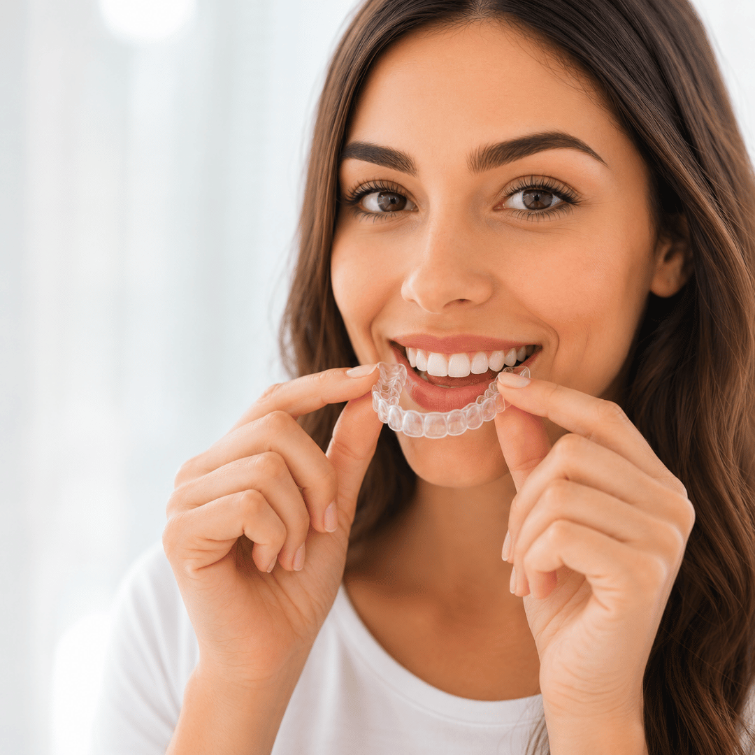 Paciente colocándose un alineador transparente de ortodoncia invisible Invisalign